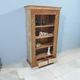 Handmade Indian Furniture Carved Solid Hard Wood Bookshelf with Drawers Brown